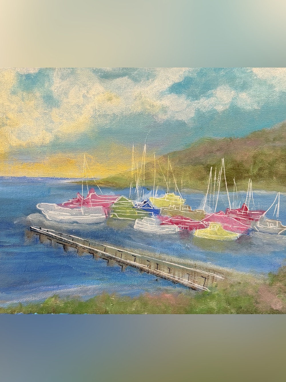 Hand painted Coastal Marina Boats Canvas Art - Multicolor